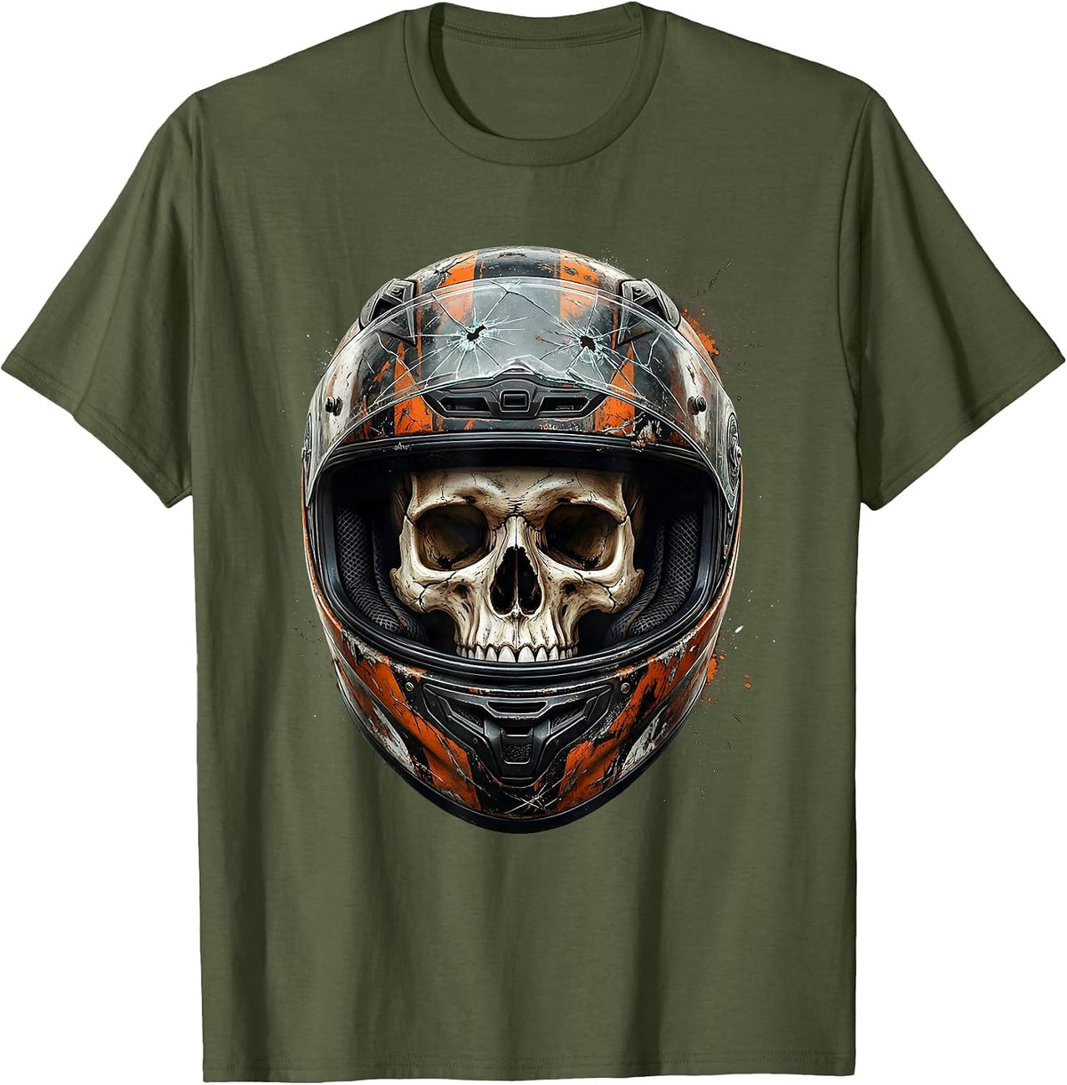Men's Skull Full-Face Motorcycle Helmet Graphic T-Shirt - Olive Green