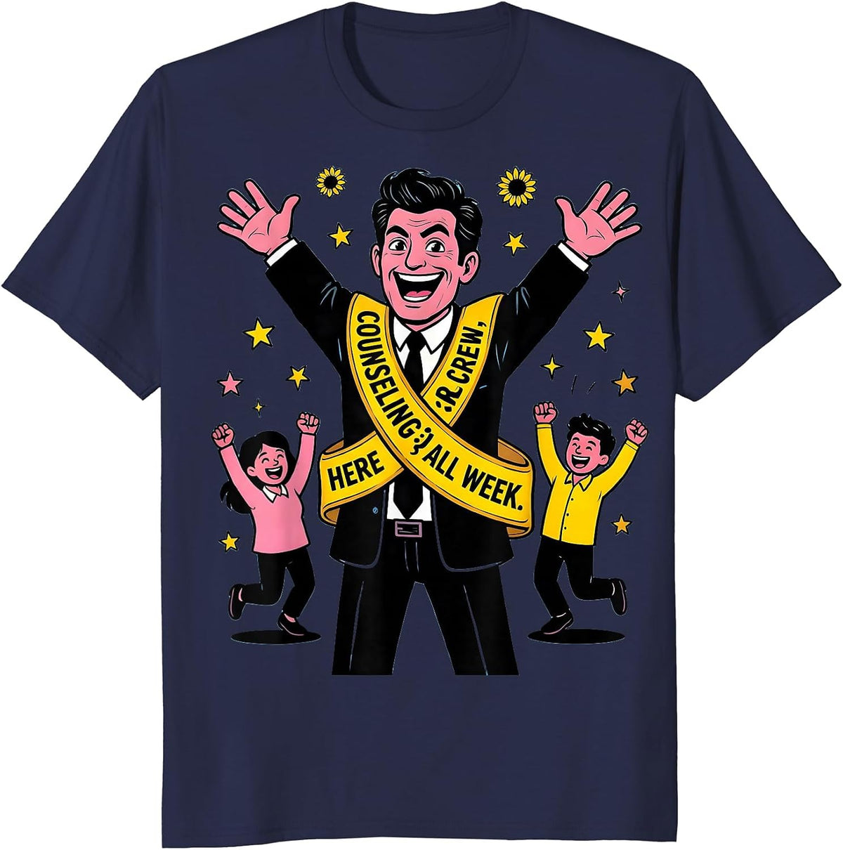 Counseling Crew Here All Week Cartoon School Counselor T-Shirt - Navy Blue