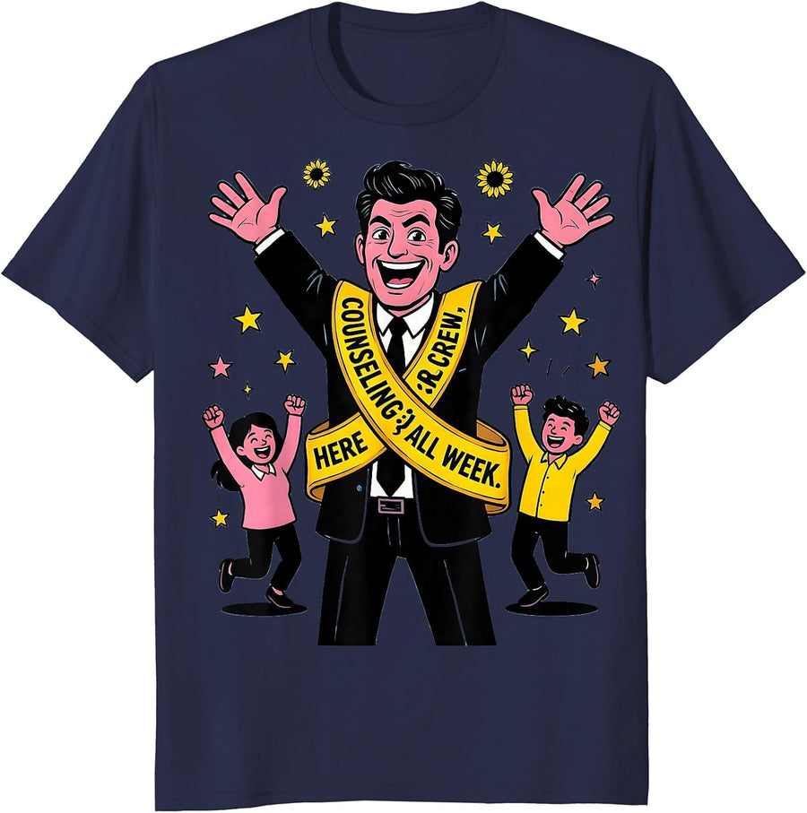 Counseling Crew Here All Week Cartoon School Counselor T-Shirt - Navy Blue