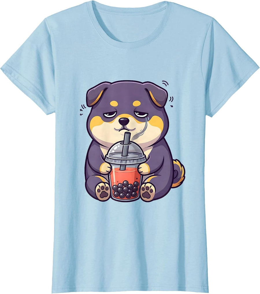 Women's Shiba Inu Boba Tea Kawaii Anime Aesthetic T-Shirt - Baby Blue