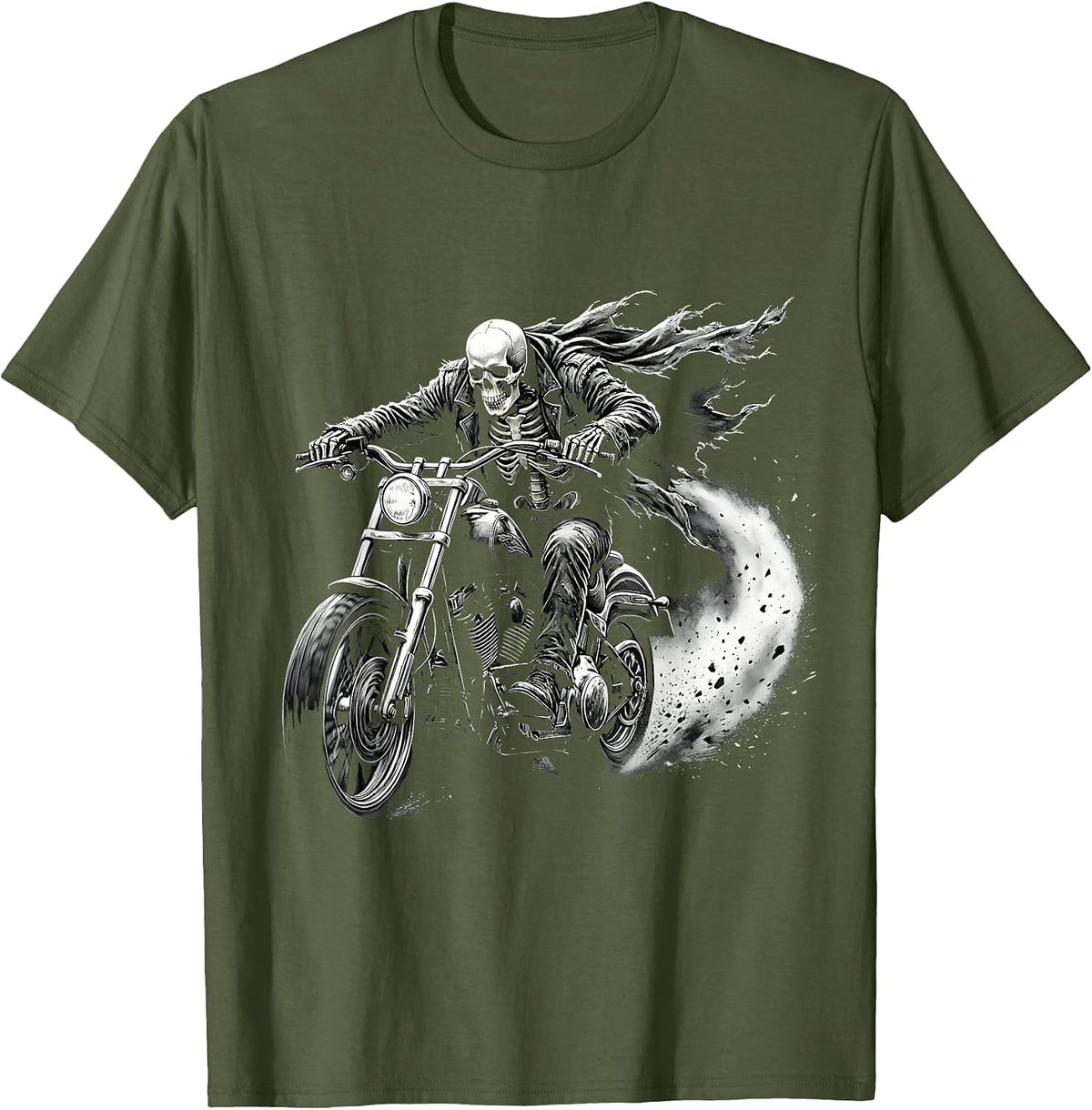 Skeleton Biker Full Speed Motorcycle Graphic T-Shirt - Olive Green