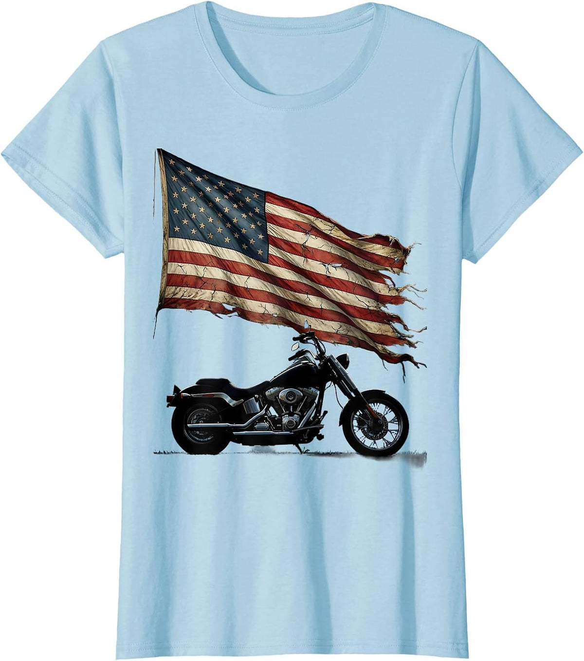 Patriotic Vintage Motorcycle Flag Cape Graphic T-Shirt - Baby Blue