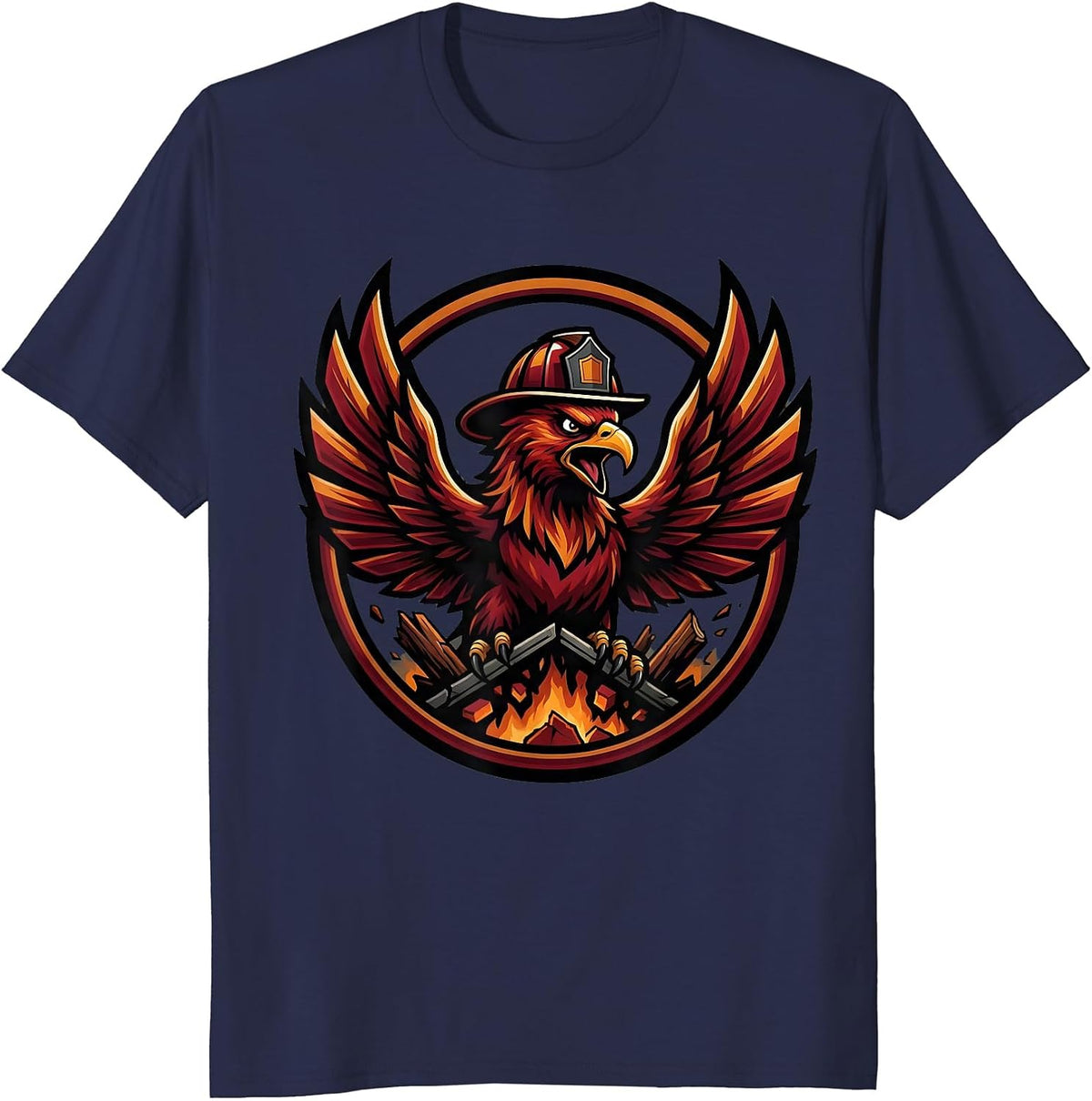 Men's Phoenix Rising Firefighter Rooftop Ember Design T-Shirt - Navy Blue