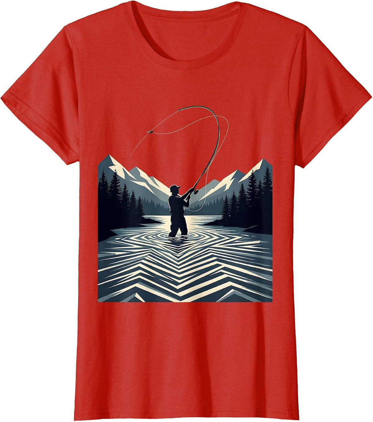 Fly Fishing Mountain River Graphic Tee T-Shirt - Red