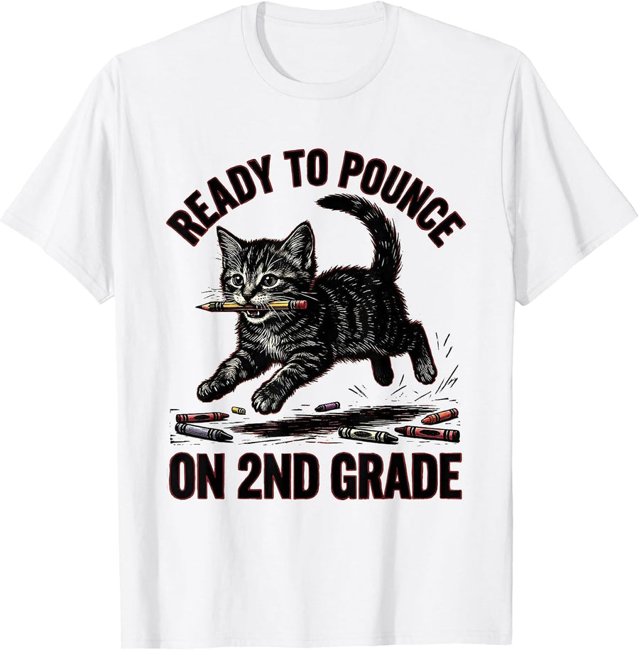 Men's Ready To Pounce On 2nd Grade Funny Back To School Cat Lover T-Shirt - White