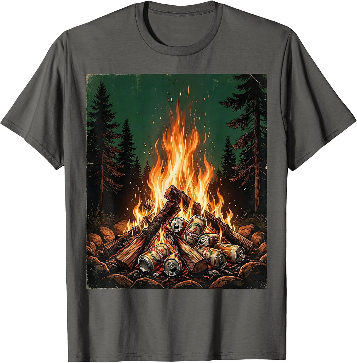 Campfire Beer Cans Pine Trees Outdoor Nature Art T-Shirt - Asphalt Grey