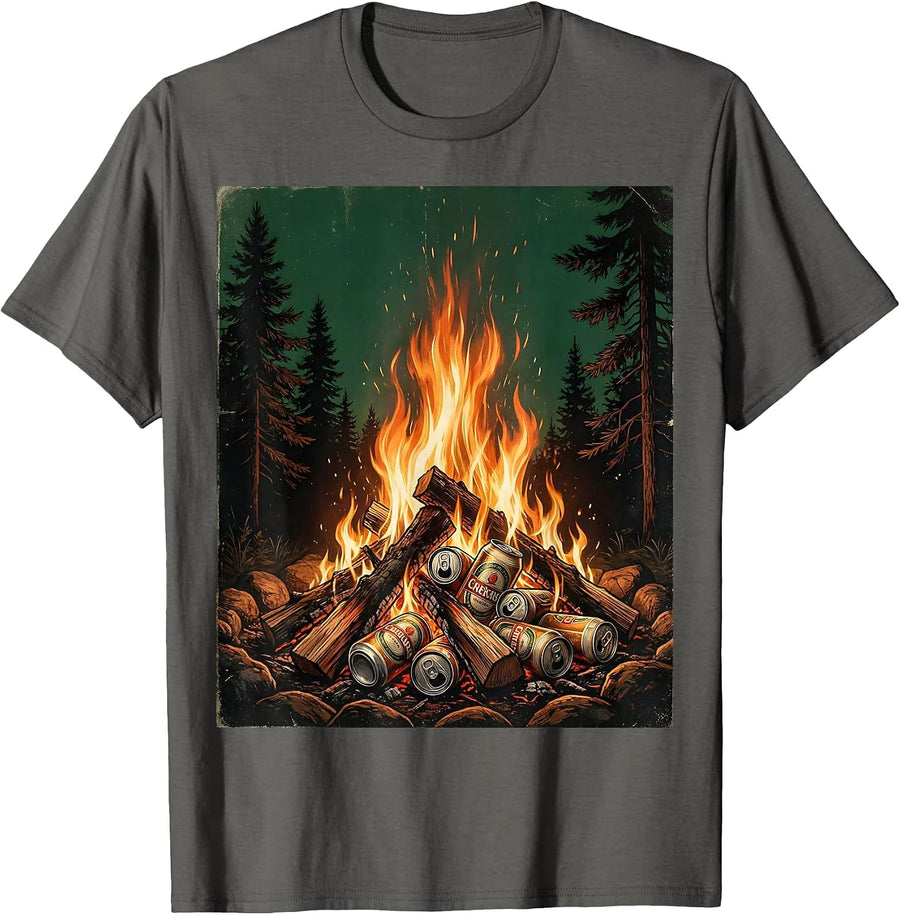 Campfire Beer Cans Pine Trees Outdoor Nature Art T-Shirt - Asphalt Grey