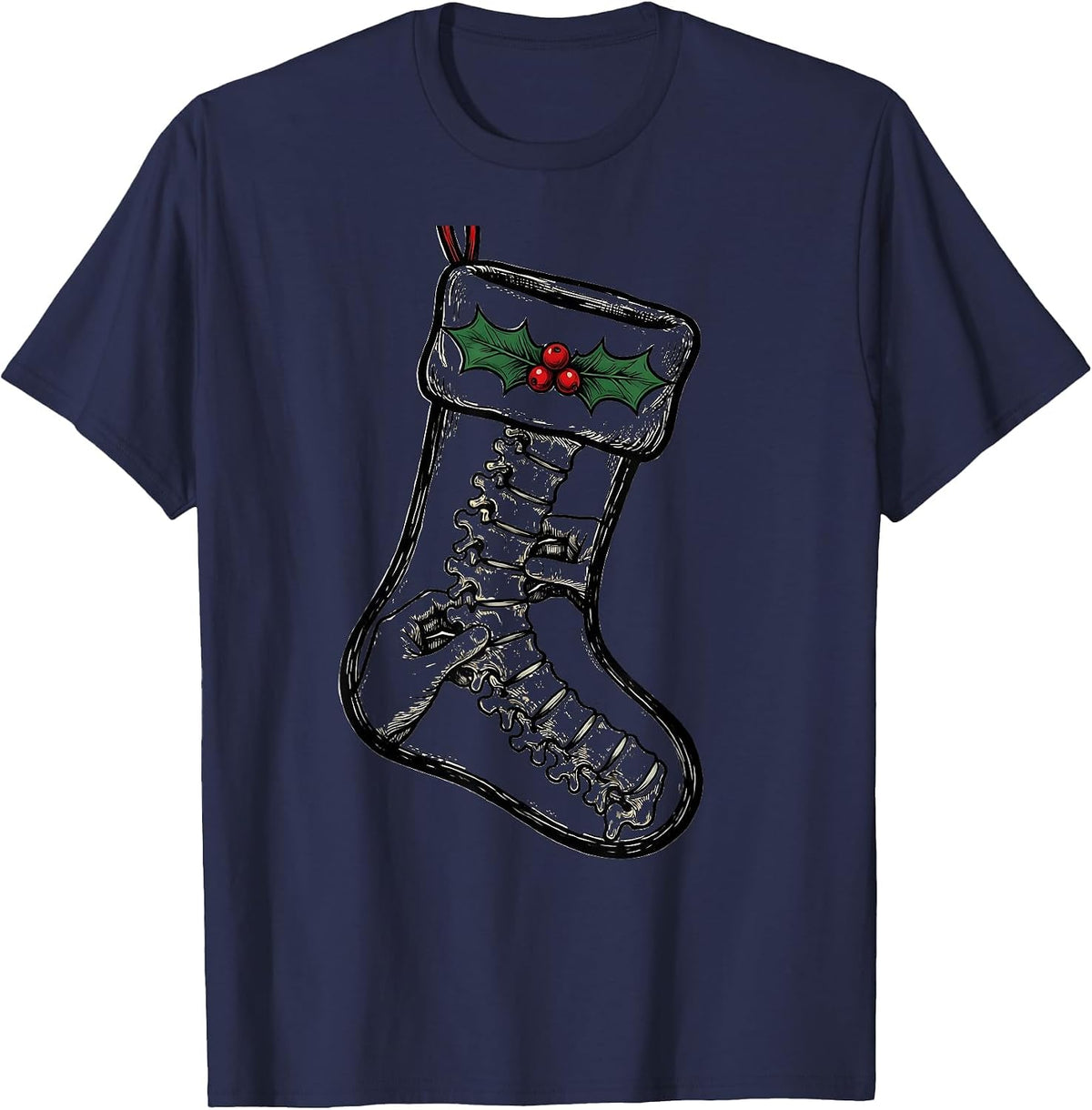 Men's Chiropractor Spine Christmas Stocking Holiday Humor T-Shirt - Navy Blue