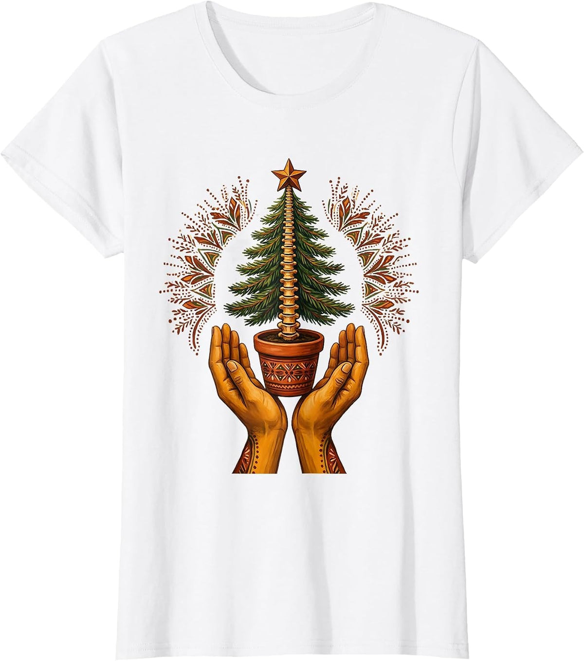 Women's Symmetrical Hands Offering Evergreen Folk Art Chiropractor T-Shirt - White
