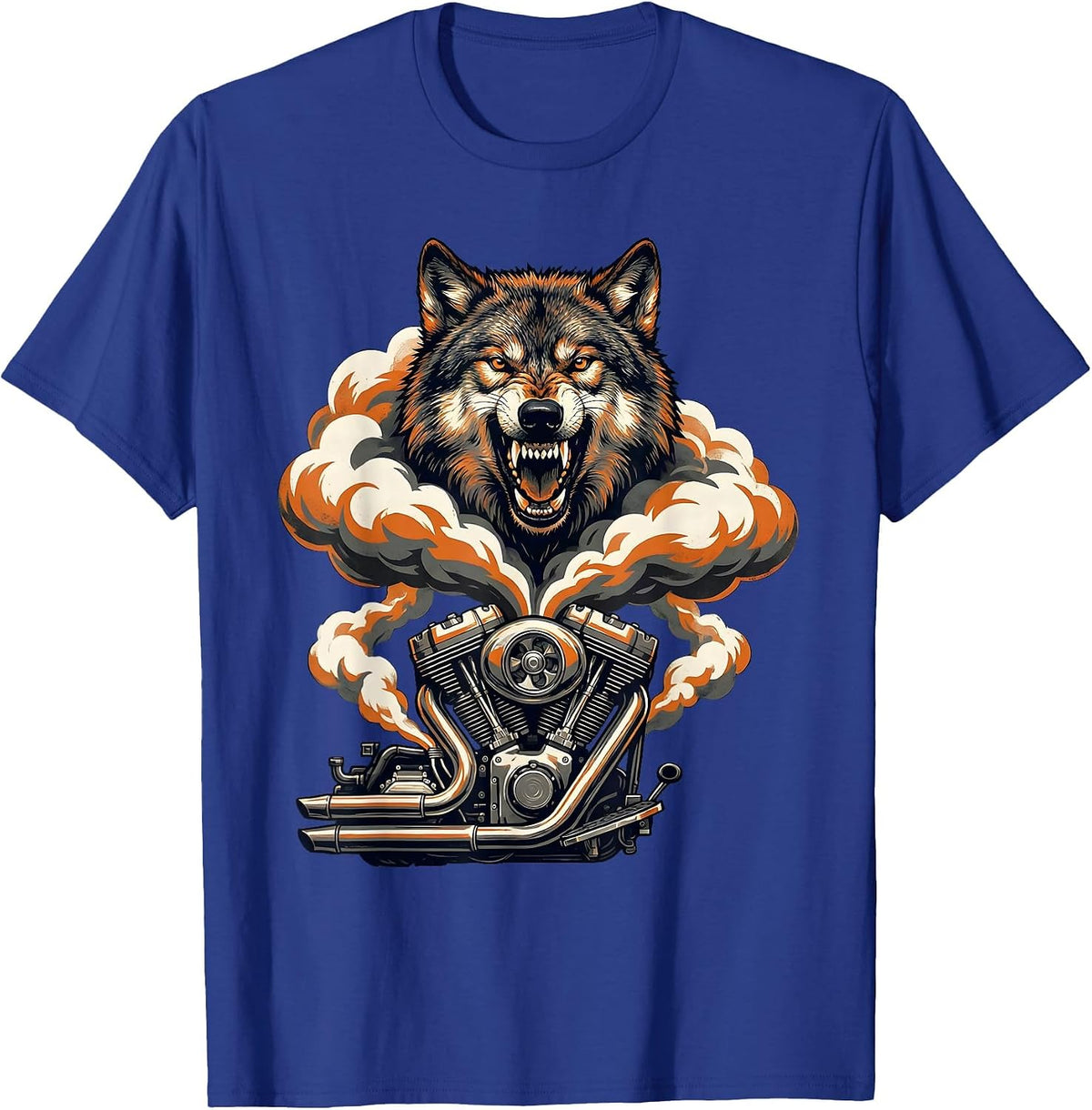 Wolf Head Motorcycle Engine Smoke Graphic T-Shirt - Royal Blue