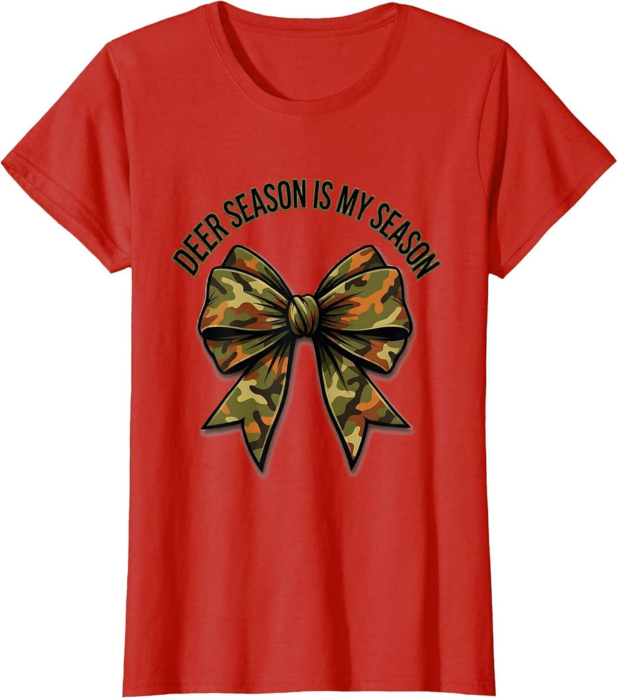 Women's Deer Season Is My Season Cute Camo Bow Teacher Hunting Wife T-Shirt - Red