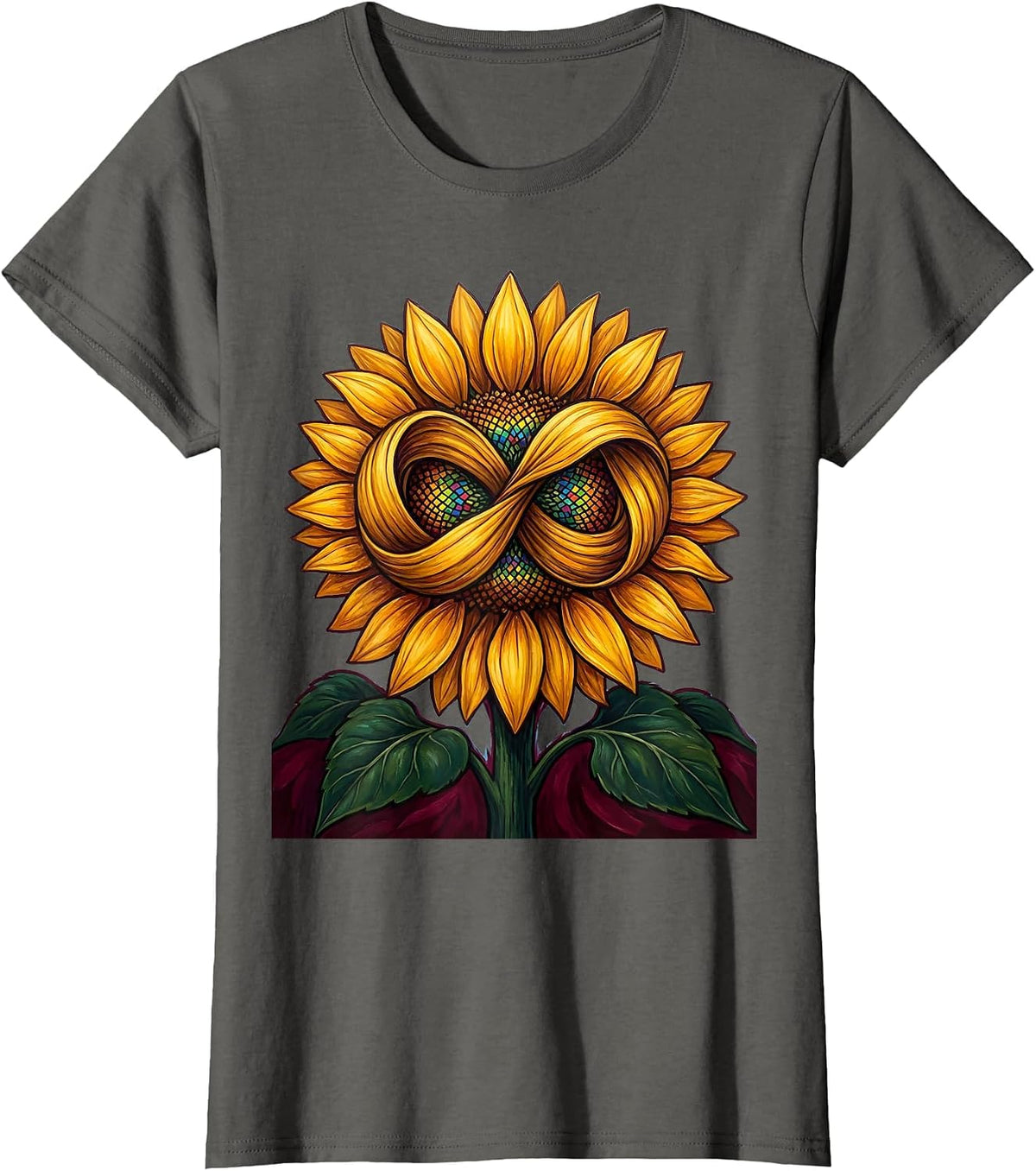 Women's Autism Awareness Sunflower Infinity Symbol Design T-Shirt - Asphalt Grey