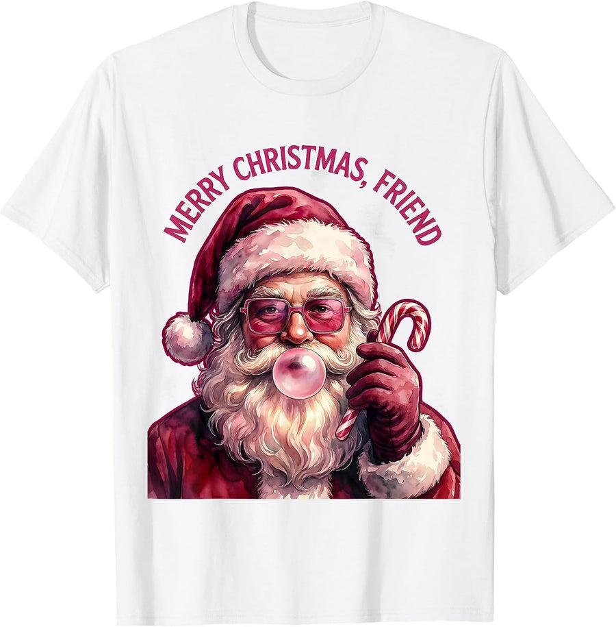 Merry Christmas, Friend Watercolor Retro Pink Bubblegum T-Shirt - White