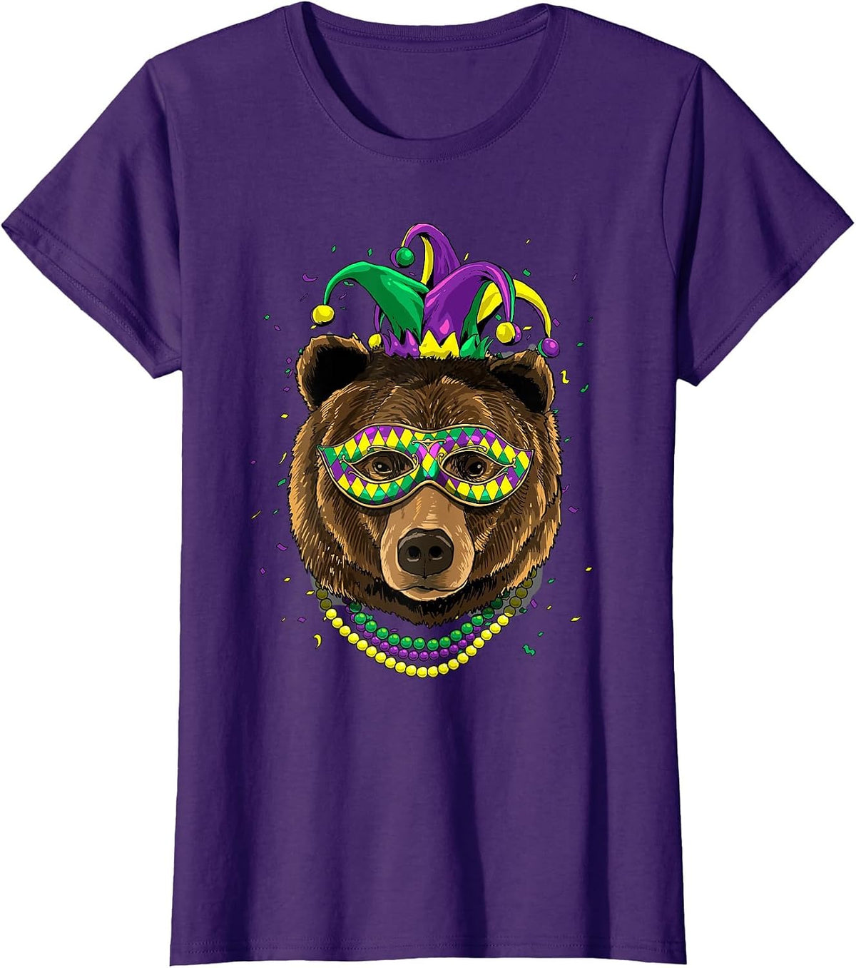 Bear Animal Lover Cute Mardi Gras Carnival Jester T-Shirt, Women, Purple, Large - As Pictured