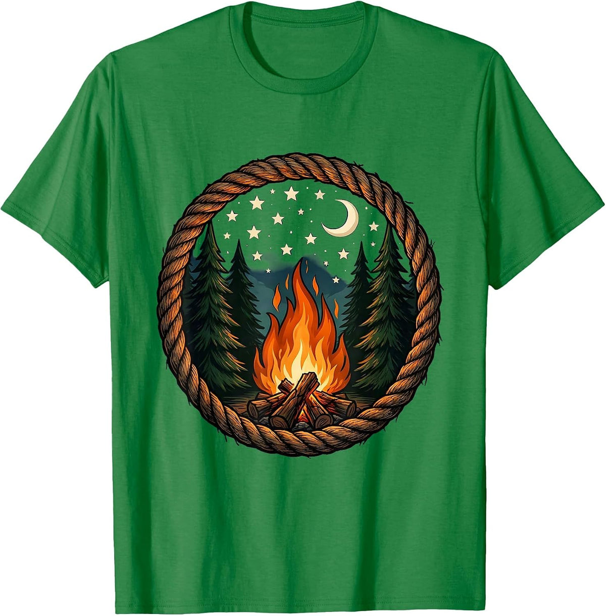 Men's Campfire Under a Starry Night Sky Illustration T-Shirt - Kelly Green