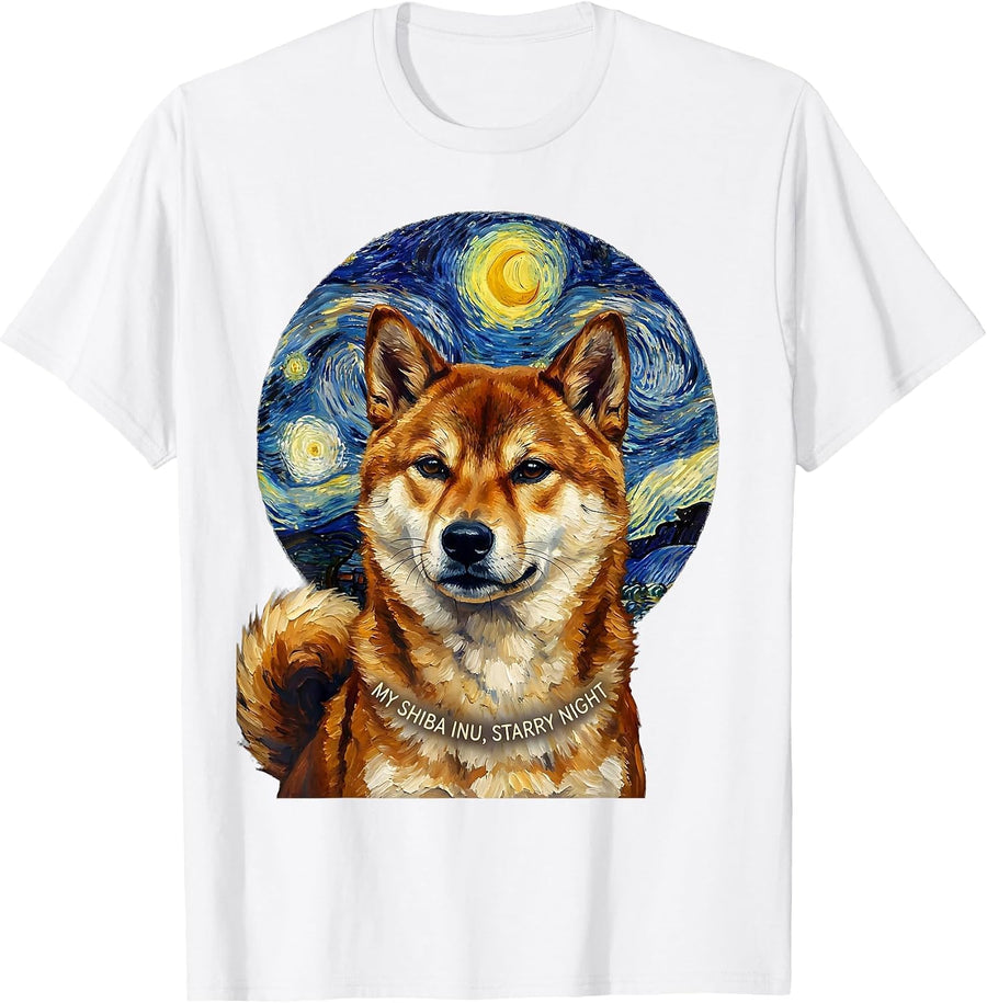 My Shiba Inu Starry Night Van Gogh Style Dog Portrait T-Shirt - White