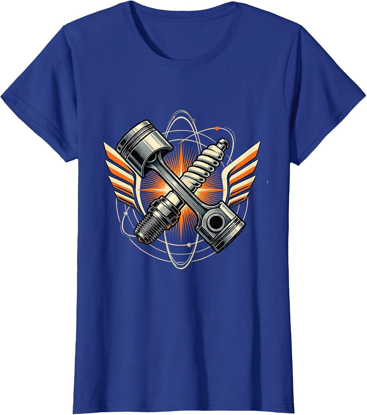 Women's Piston and Spark Plug Crossed Motorcycle Design T-Shirt - Royal Blue