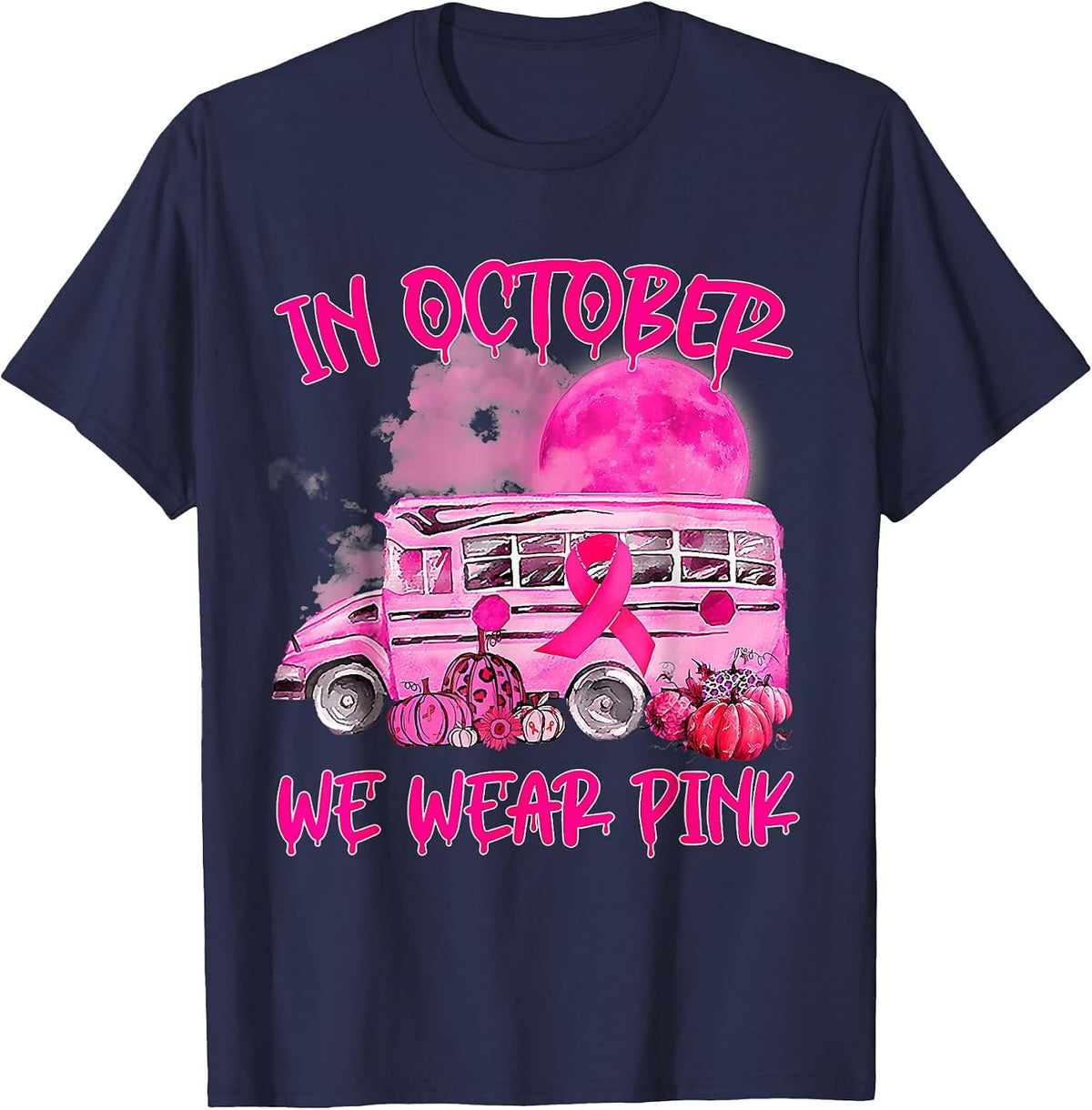 School Bus Driver Leopard Breast Cancer Awareness Month T-Shirt - Navy Blue