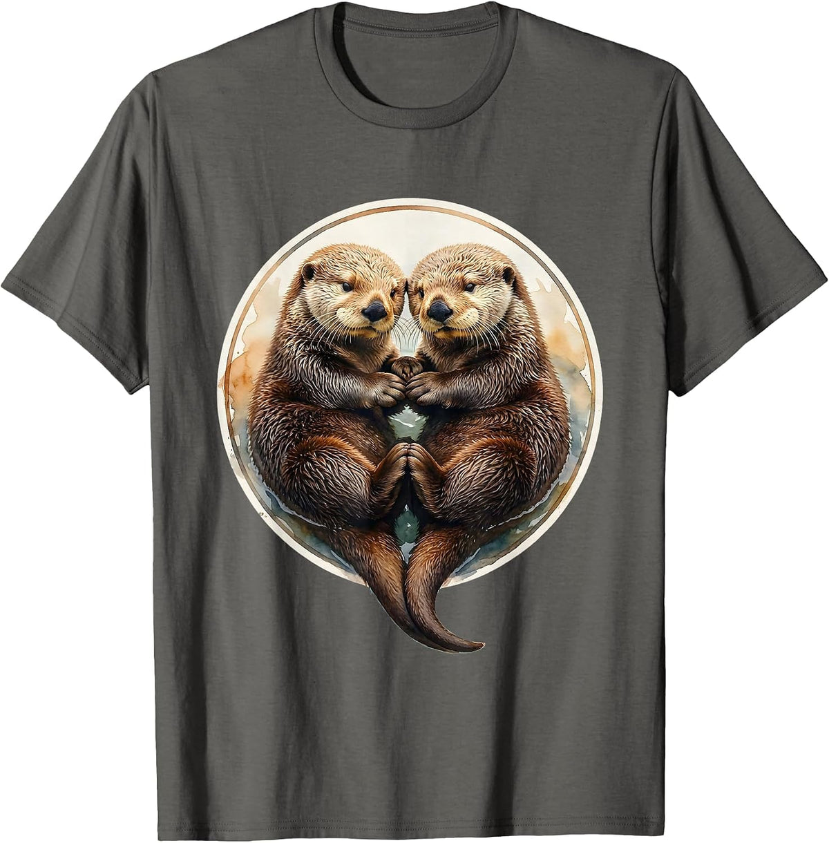 Men's Sea Otter Couple Holding Paws Sleeping Illustration T-Shirt - Asphalt Grey