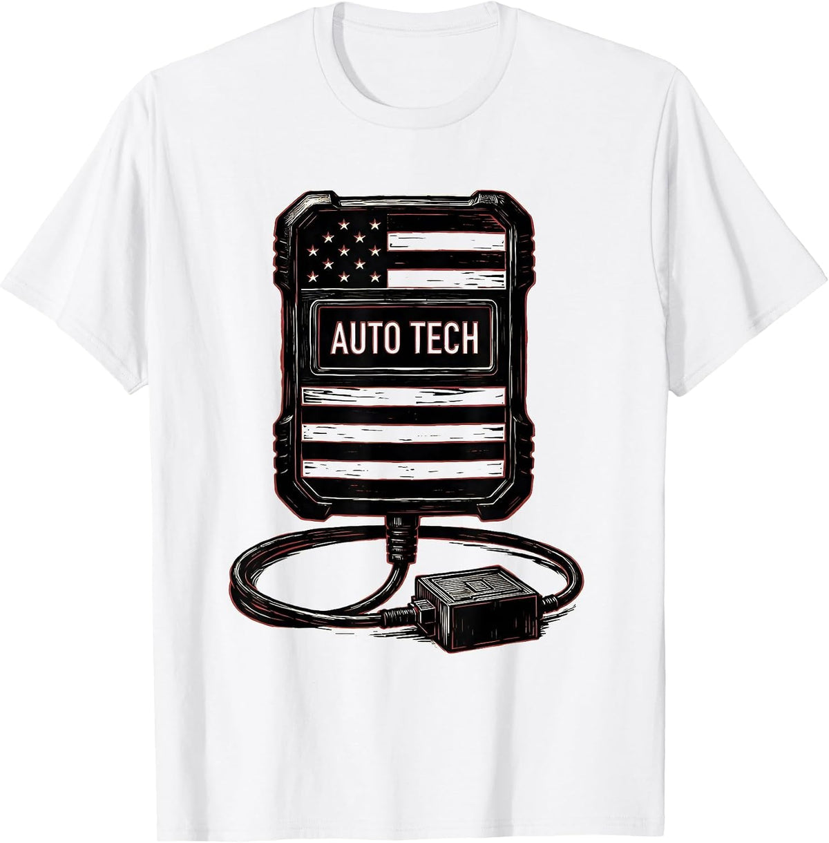 Men's Auto Tech Linocut American Flag Mechanic Gift for Oilfield T-Shirt - White