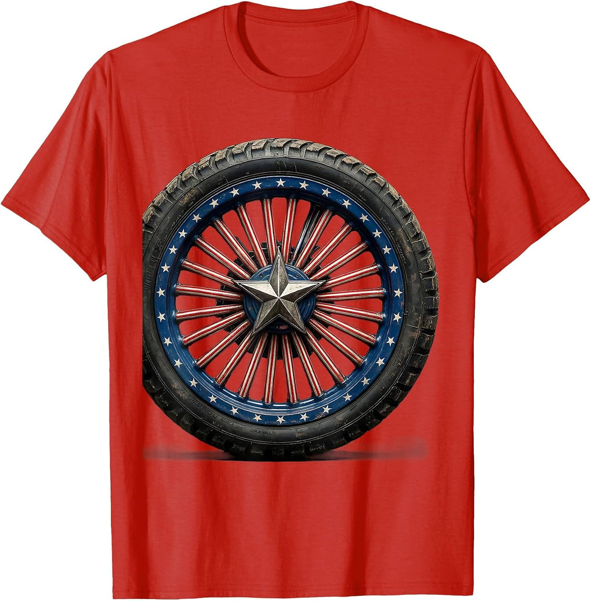 Men's Patriotic Motorcycle Wheel Star-Spangled Spokes T-Shirt - Red
