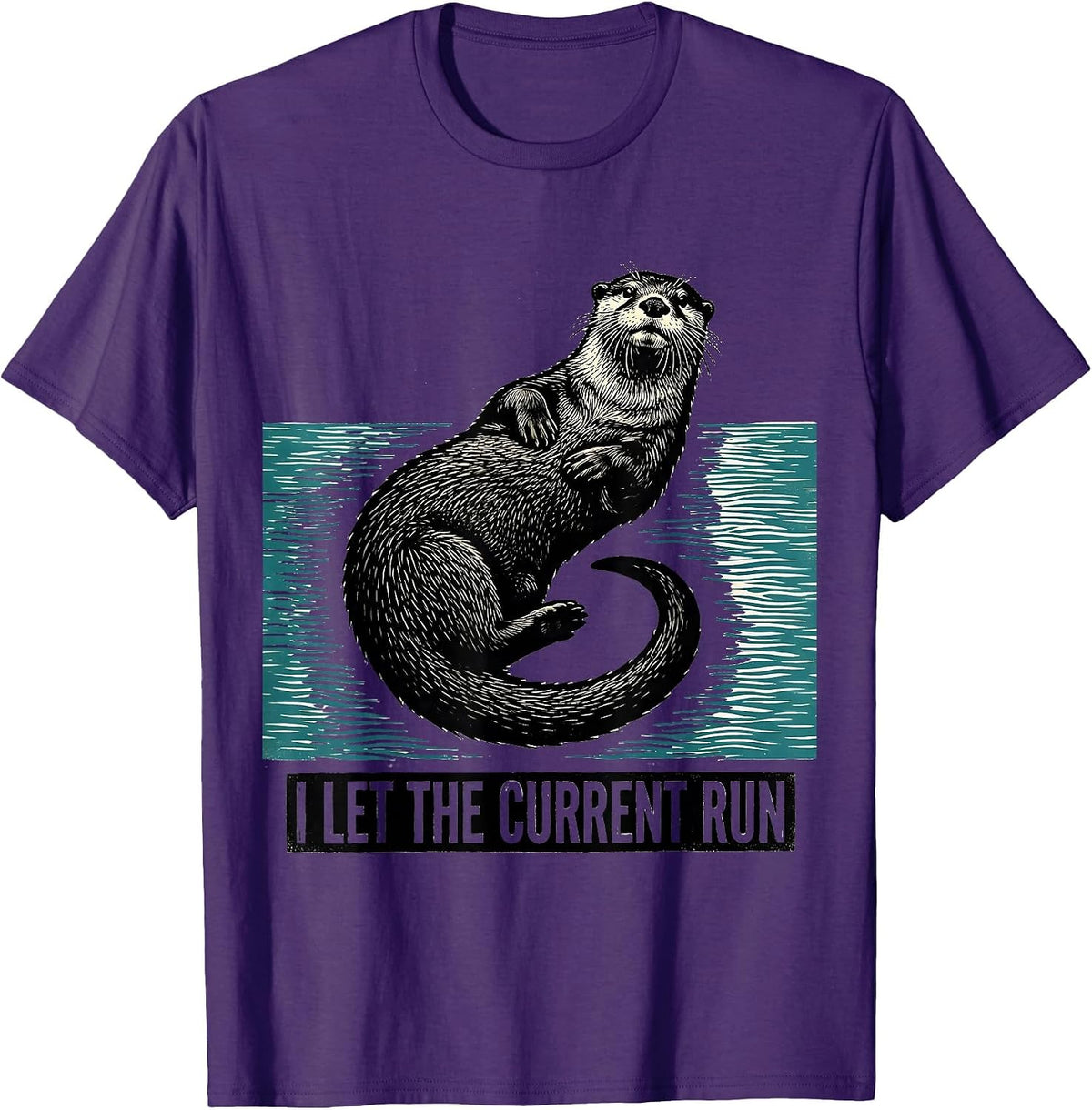 I Let The Current Run Funny Sea Otter Linocut Otter Lover T-Shirt - Purple