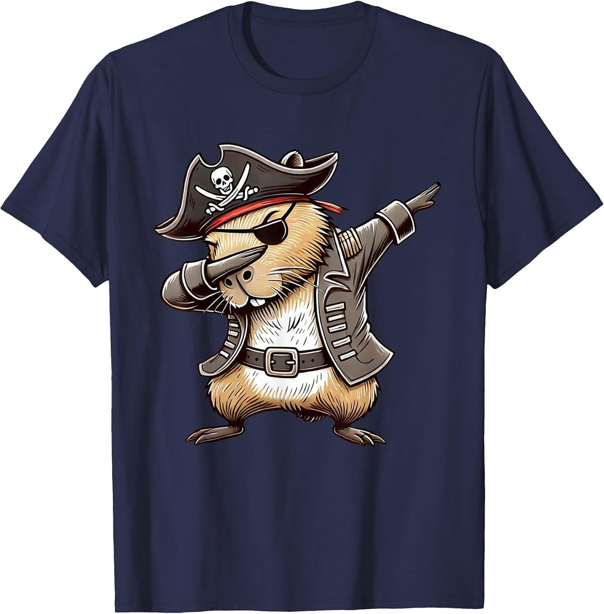 Pirate Capybara Dabbing Halloween Party Costume T-Shirt - Navy Blue