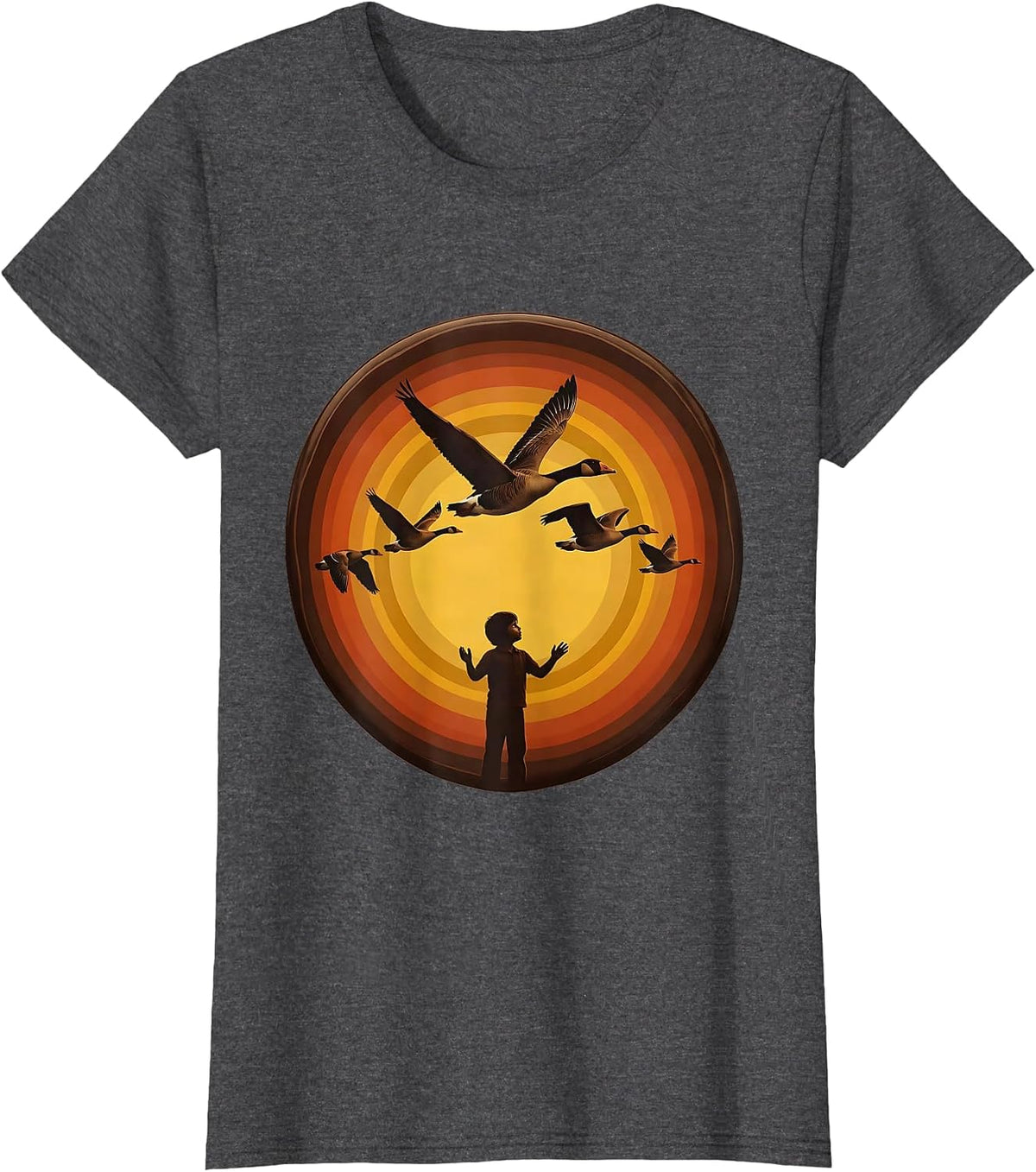 Women's Fall Boys Child Watching Geese Fly V Formation T-Shirt - Dark Heather Grey