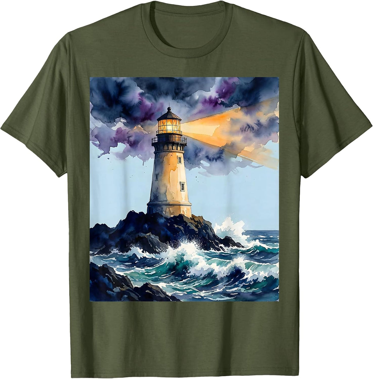 Autism Awareness Lighthouse Stormy Sea Graphic T-Shirt - Olive Green