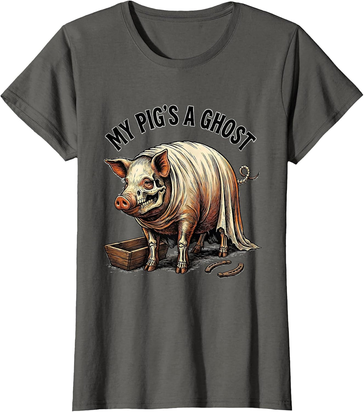 Women's My Pig's a Ghost Western Cowboy Skeleton Halloween Humor T-Shirt - Asphalt Grey