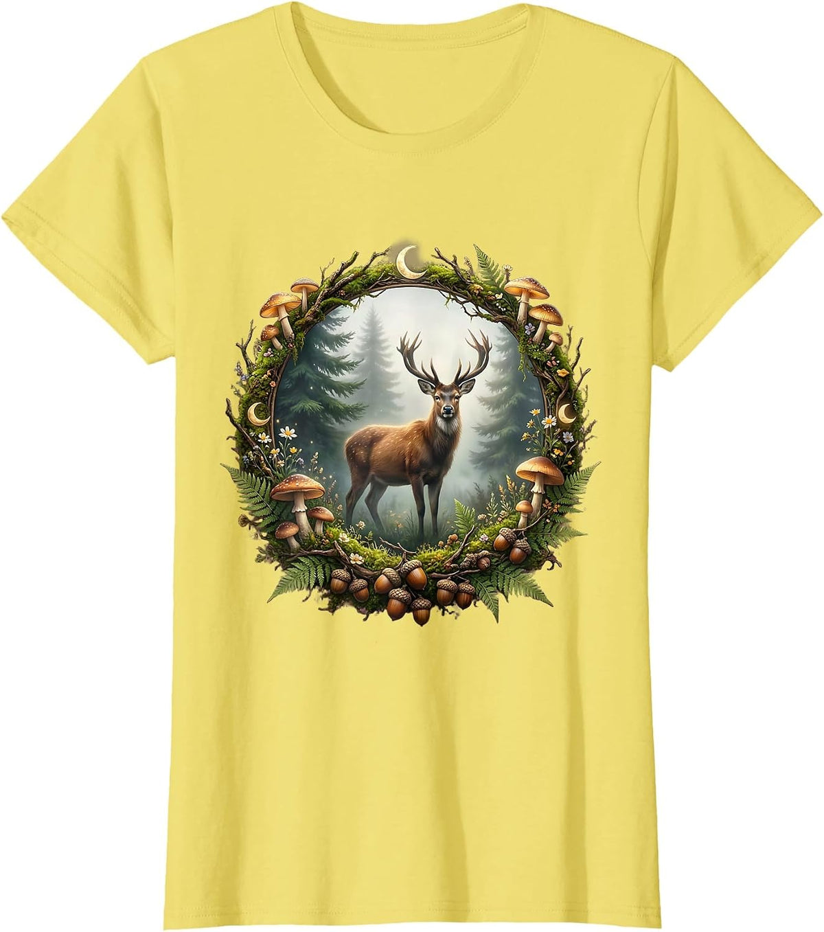 Deer in Foggy Forest Clearing Camping Design T-Shirt - Lemon Yellow