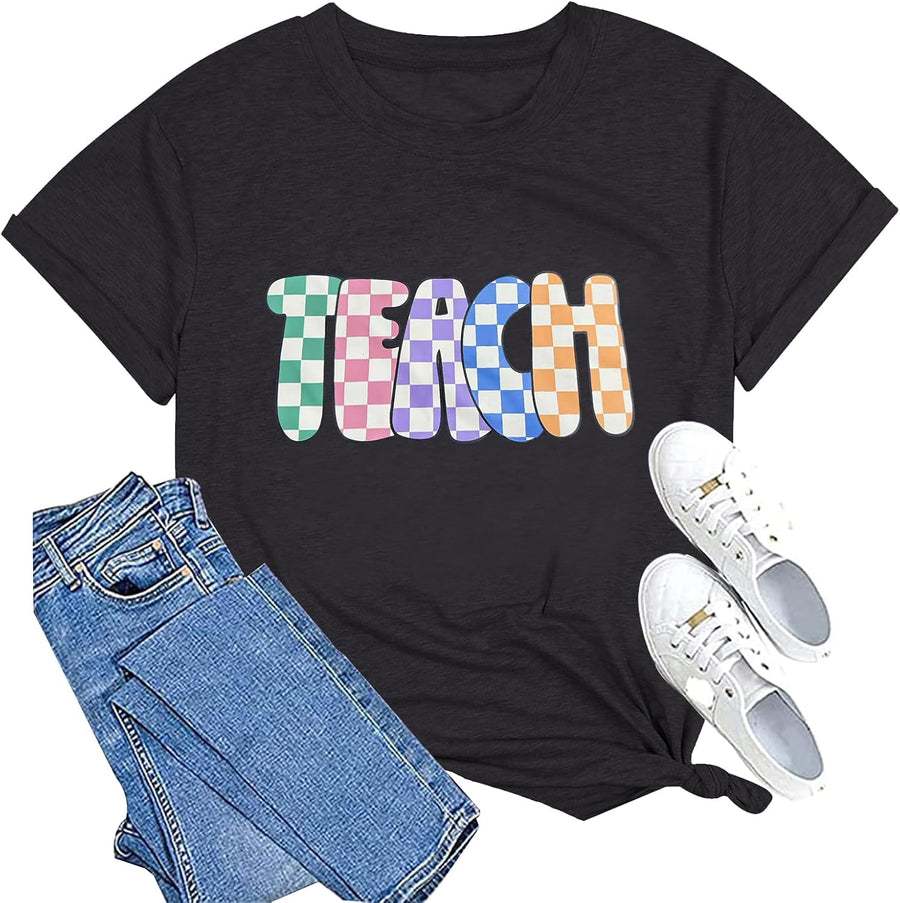 Teacher T-Shirt for Women We are Hungry for Learning Shirt Teacher Life Rainbow Graphic Tee - Deepgray-c