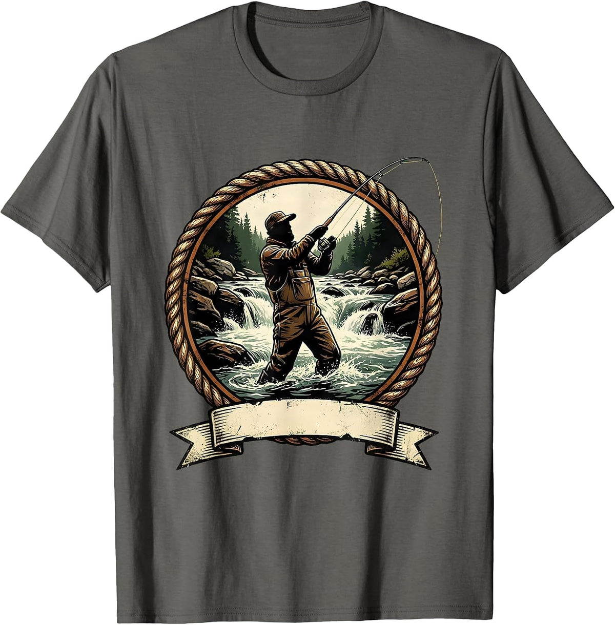 Fly Fishing Waders River Rapids Fisherman Graphic T-Shirt - Asphalt Grey