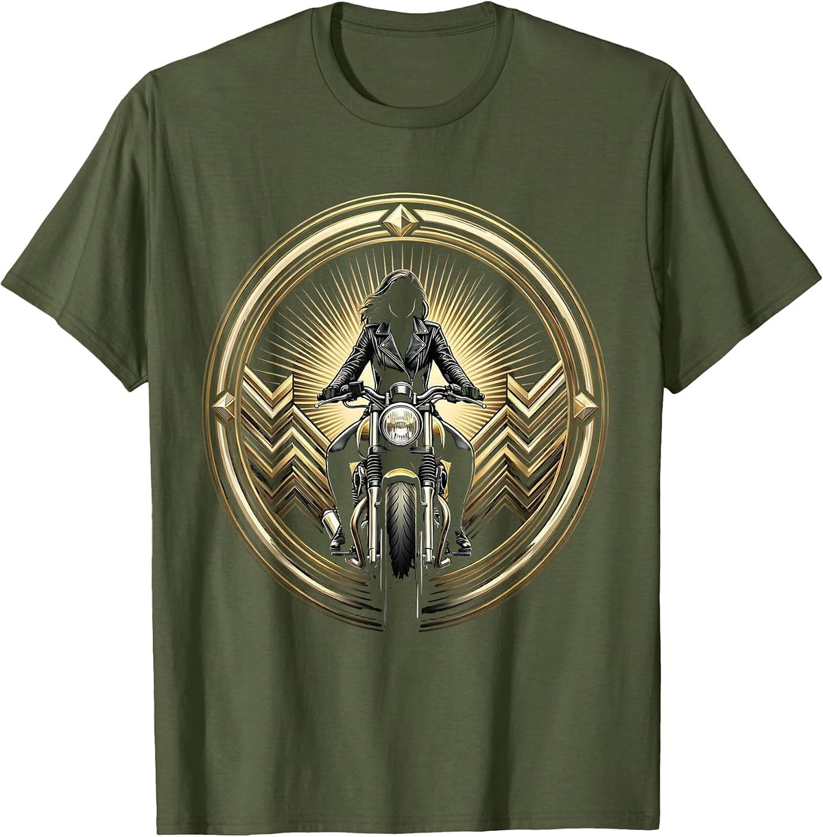 Leather Jacket Biker Straddling Motorcycle Graphic T-Shirt - Olive Green