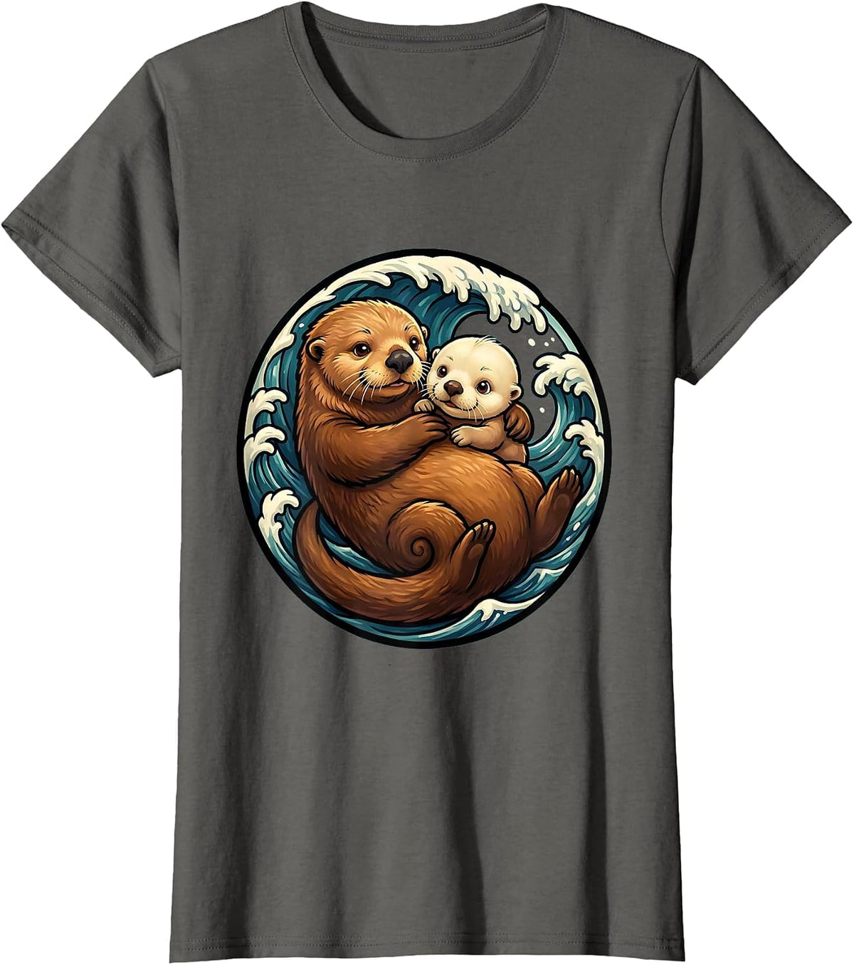 Women's Sea Otter Mom and Pup Embrace Graphic T-Shirt - Asphalt Grey
