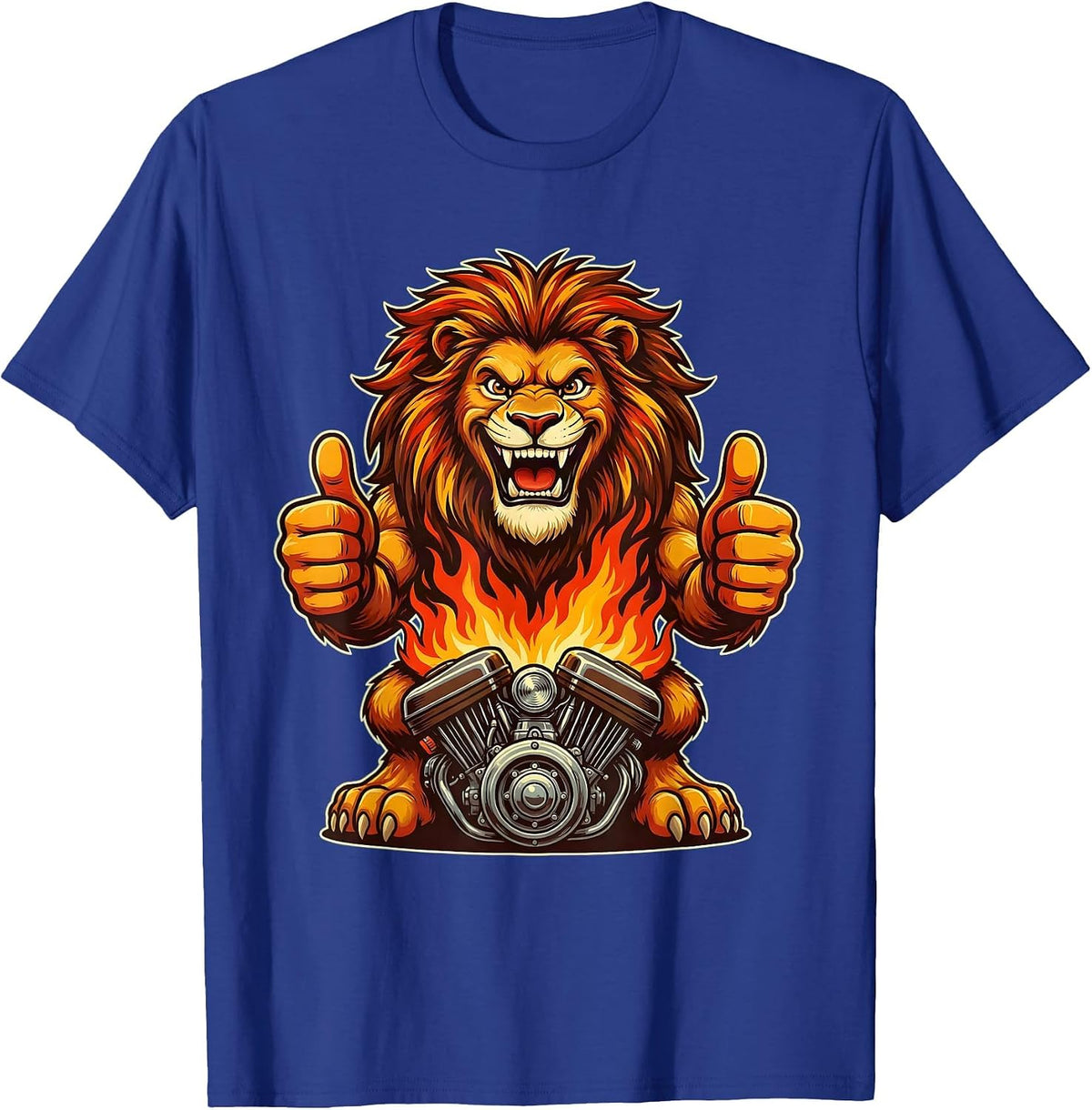 Men's Lion Head Motorcycle Engine Flames Graphic T-Shirt - Royal Blue