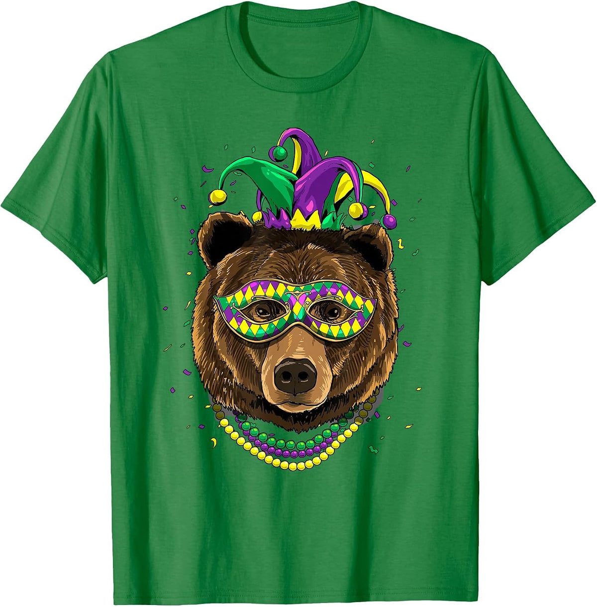 Bear Animal Lover Cute Mardi Gras Carnival Jester T-Shirt, Men, Kelly Green, Small - As Pictured
