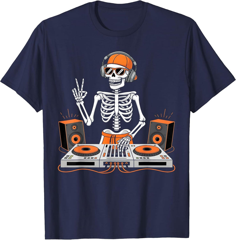 Funny Skeleton DJ Halloween Costume Turntable Music Men Boys T-Shirt - Navy Blue