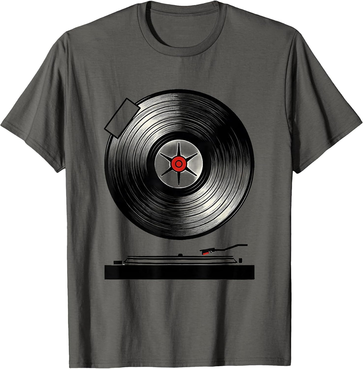 Men's Vinyl Record Turntable Sealed Badge Retro Music Lover T-Shirt - Asphalt Grey