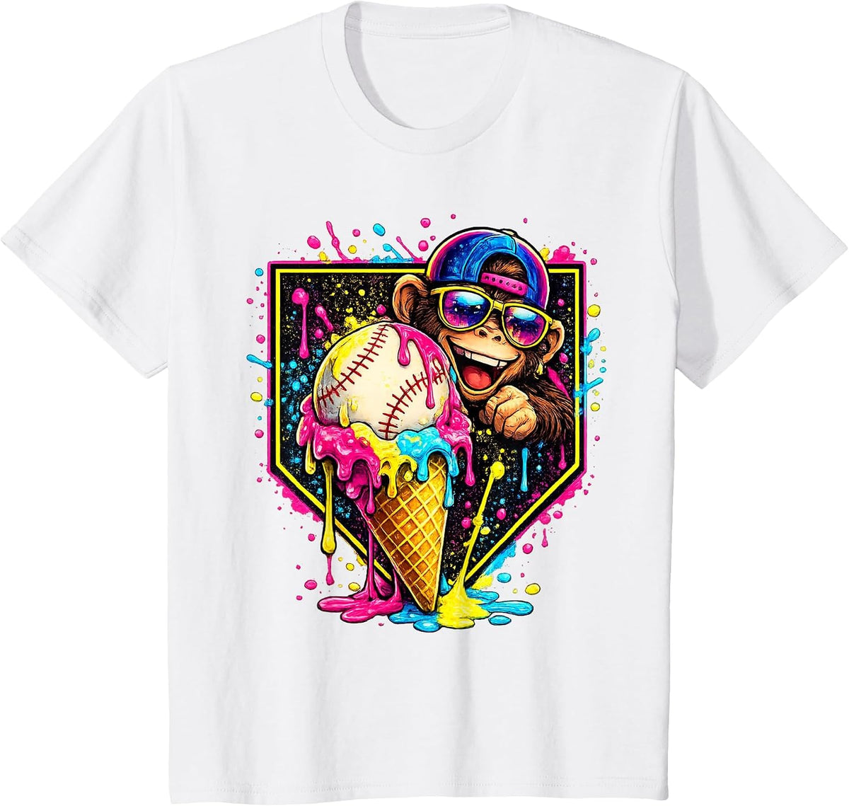 Monkey Funny Animals Baseball Ice Cream Drip Cool T-Shirt - White