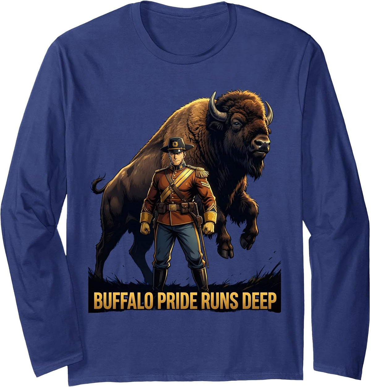 Buffalo Pride Runs Deep Buffalo Soldiers Design Long Sleeve T-Shirt - Adult Unisex Navy Blue