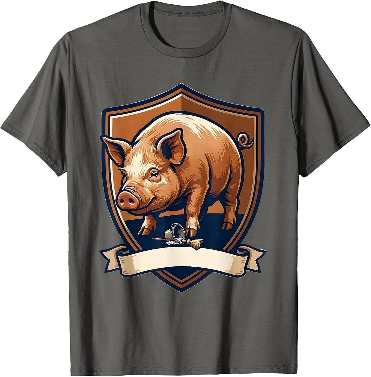 Pig Shield Emblem Cute Farm Animal Lover Gift T-Shirt - Asphalt Grey