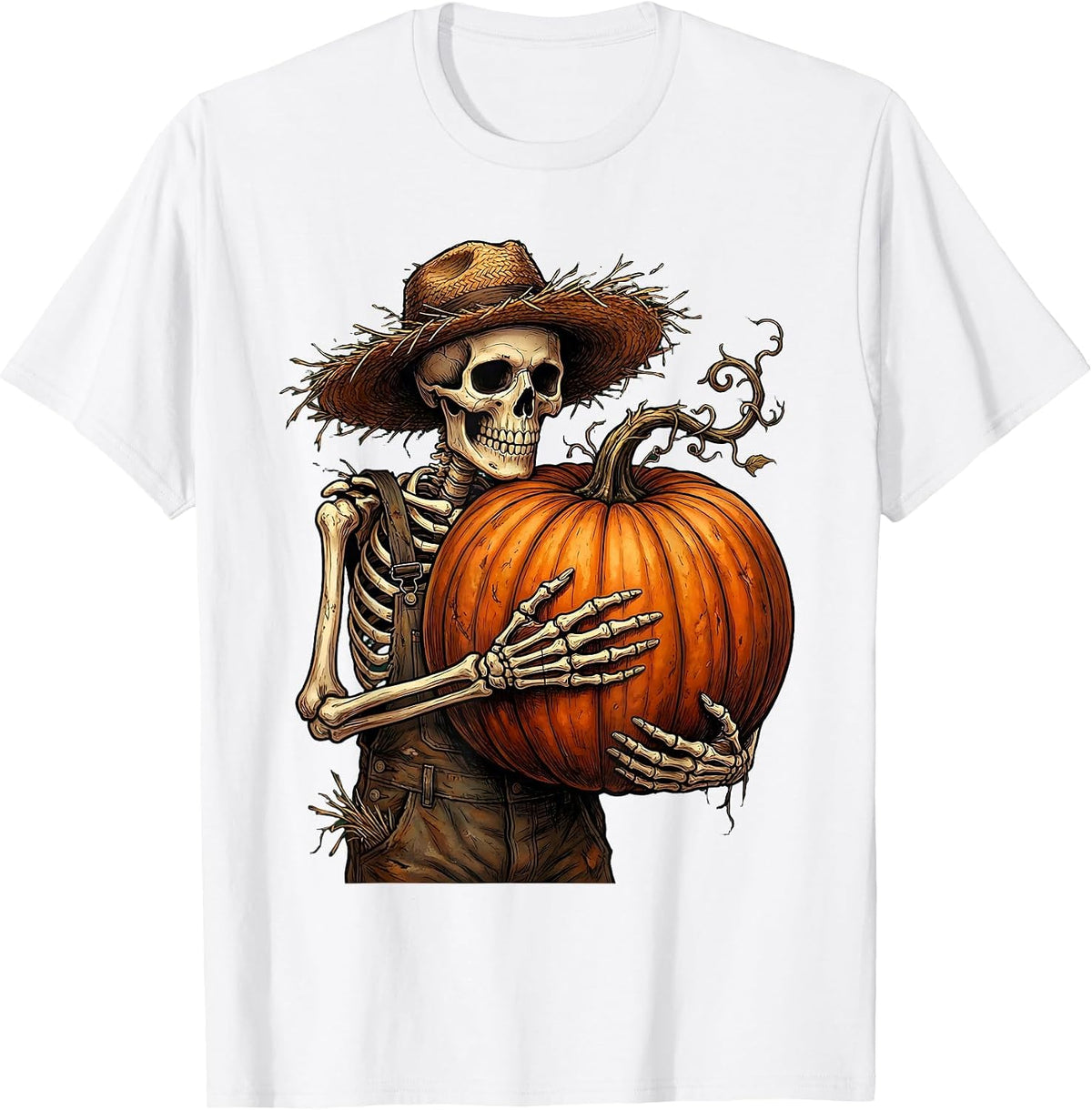 Men's Skeleton Farmer Cradling Pumpkin Halloween Design T-Shirt - White