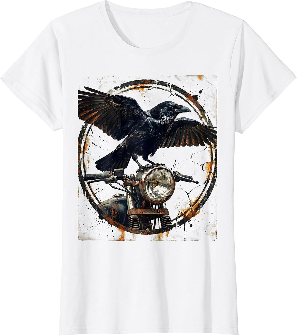 Raven on Rusted Motorcycle Headlight Graphic T-Shirt - White