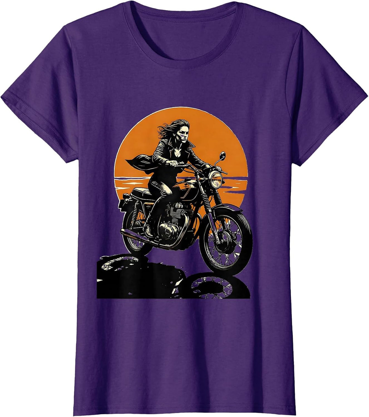 Women's Female Biker Silhouette Sunset Motorcycle Design T-Shirt - Purple