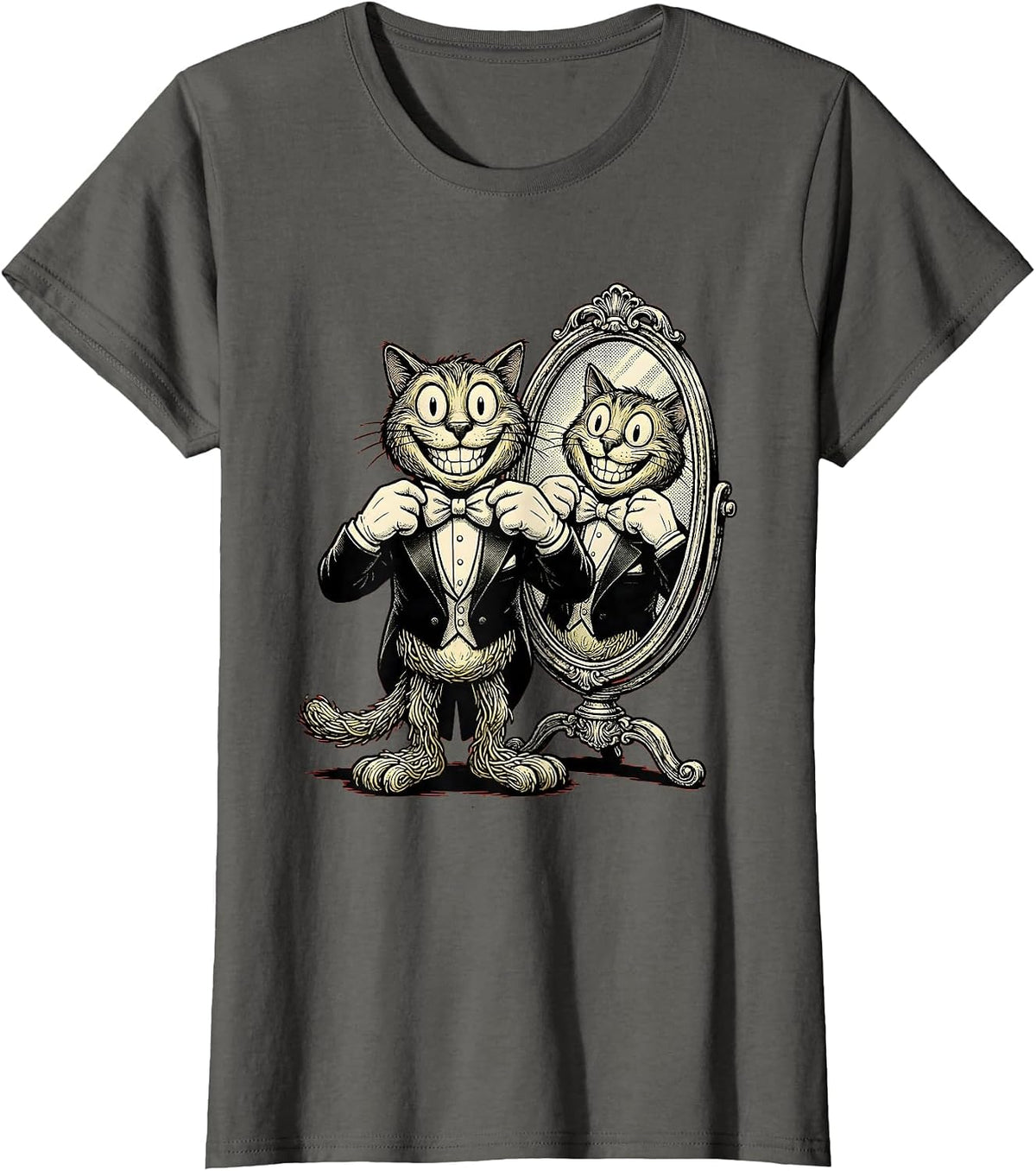 Women's Dapper Cat Adjusting Bow Tie in Mirror T-Shirt - Asphalt Grey