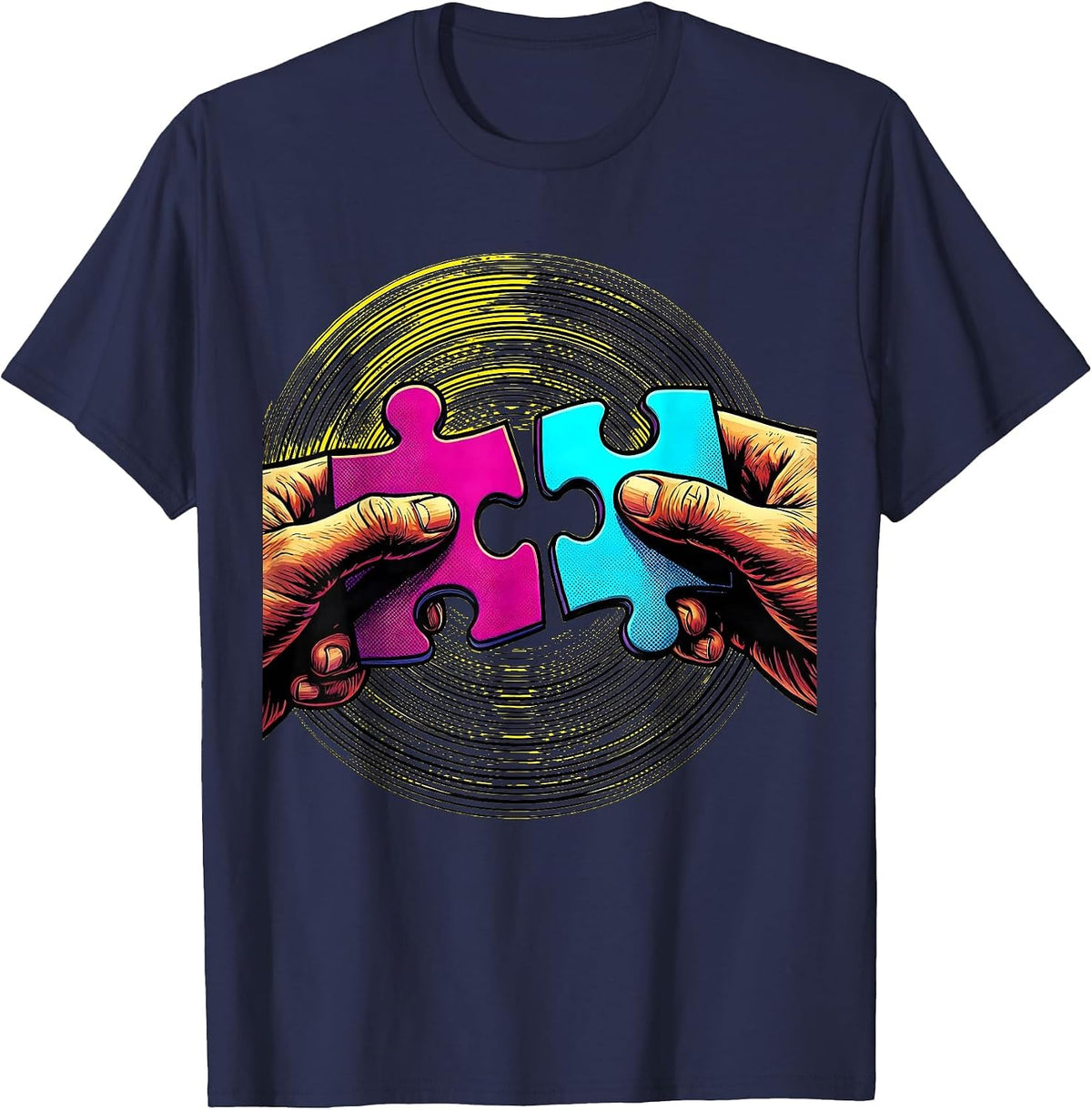 Men's Autism Awareness Puzzle Pieces Connecting Hands T-Shirt - Navy Blue