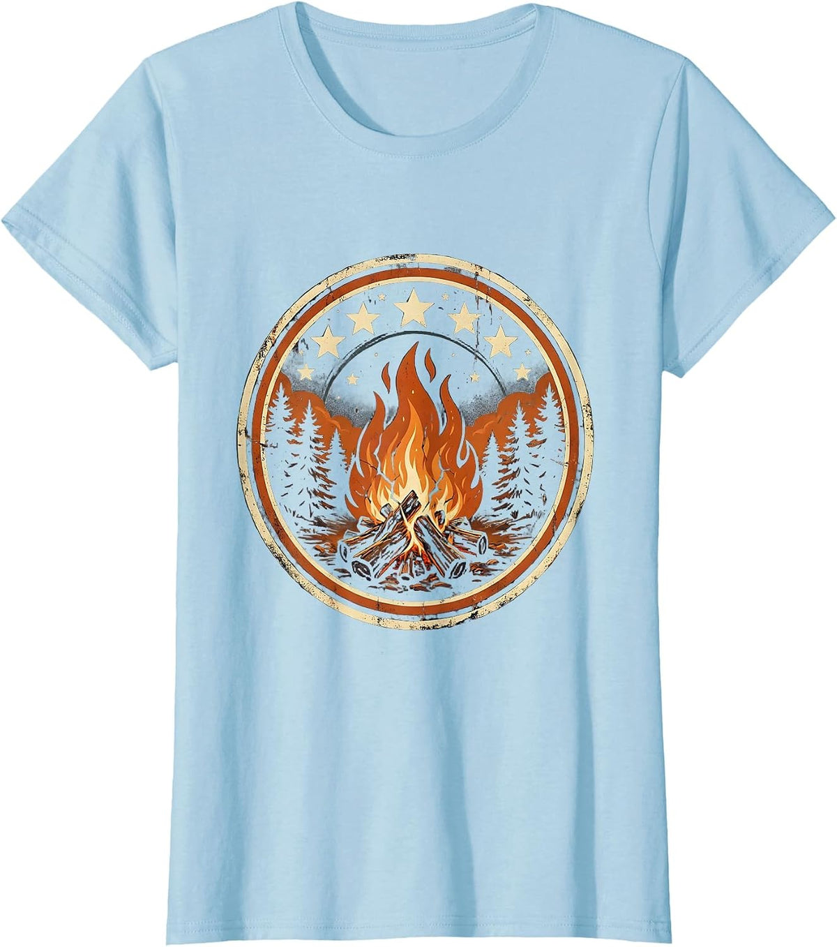 Campfire Under a Starry Night Sky Illustration T-Shirt - Baby Blue