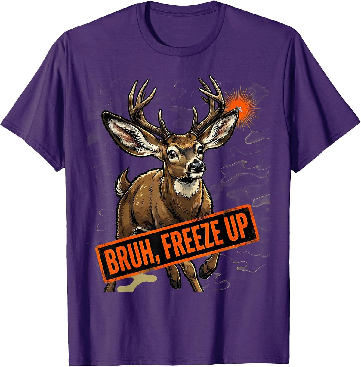 Bruh, Freeze Up Cartoon Deer Hunting Camo Youth Humor T-Shirt - Purple