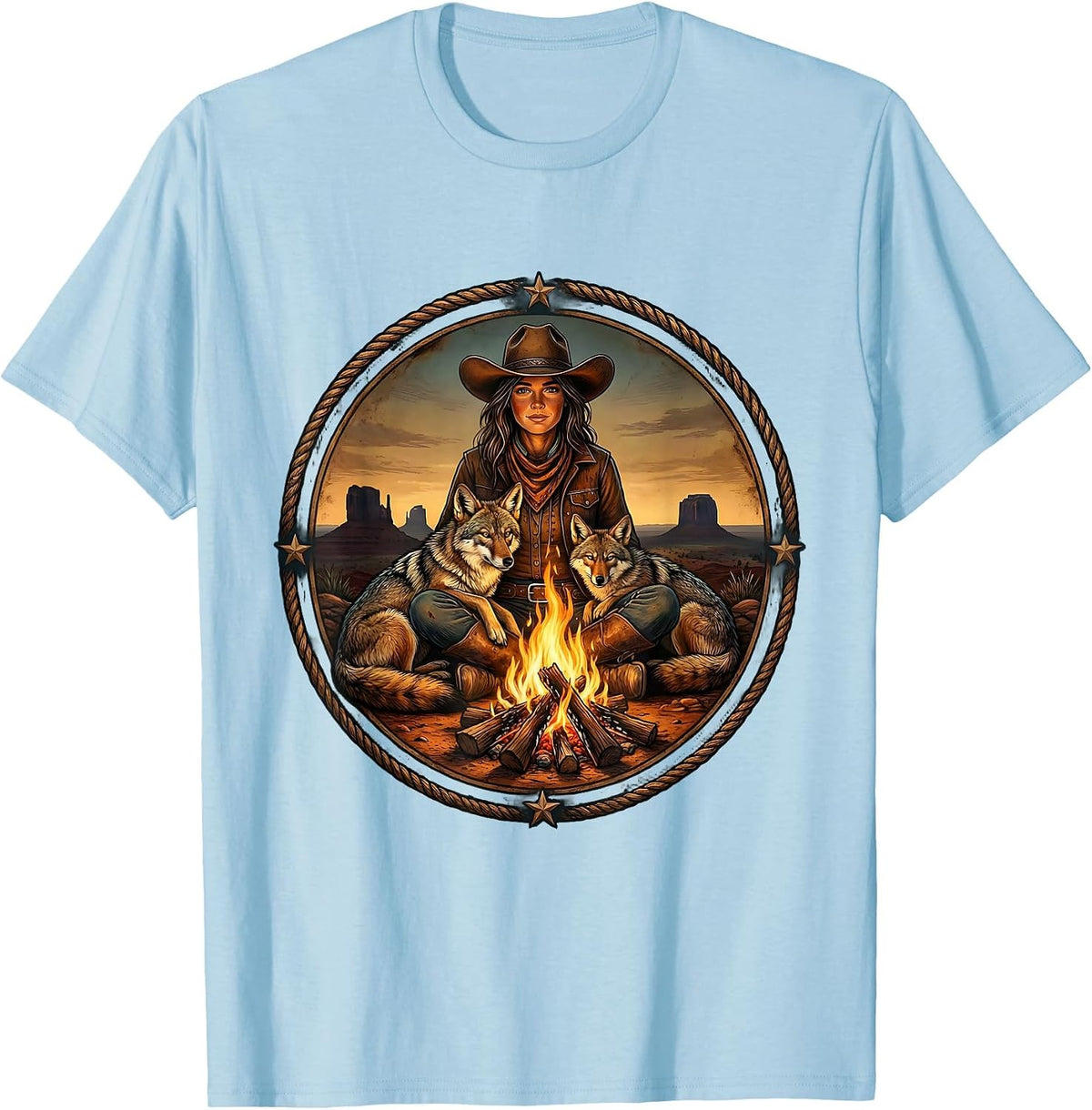 Men's Cowgirl Campfire Coyote Western Night Scene T-Shirt - Baby Blue